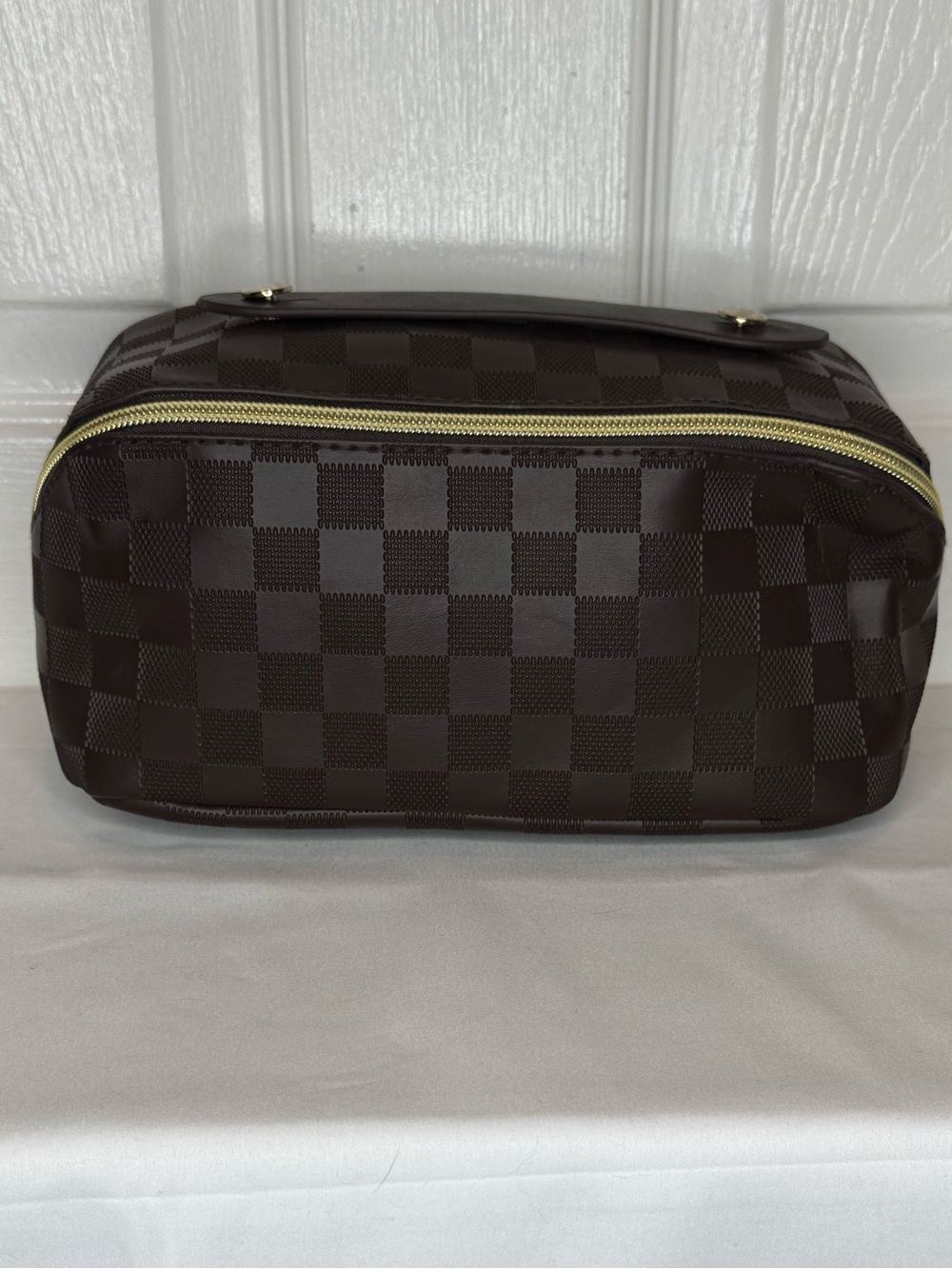 BROWN CHECKERED TOILETRY BAG MAKEUP BAG TRAVEL BAG ORGANIZER
